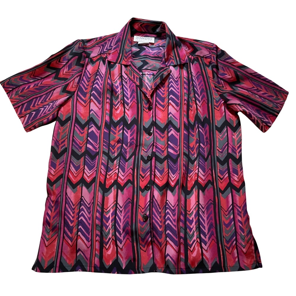 Donnkenny Classics Pink Purple Chevron Stripe Button Front Blouse Medium